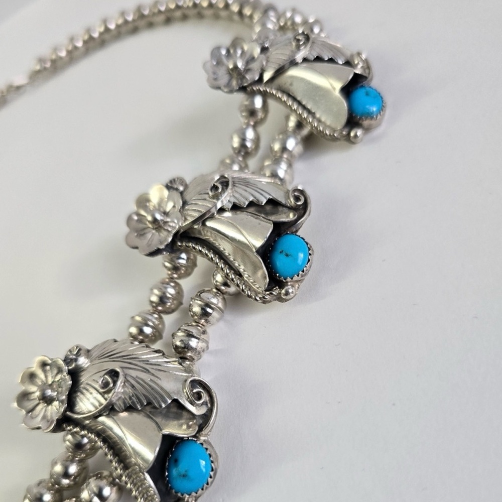 Sterling Silver 925 and Turquoise Floral Squash Blossom Necklace - Picture 12 of 16
